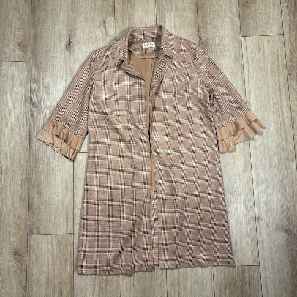 Jayley Collection Plaid Faux Suede Long‎ Jacket Cape One Size Short Sleeve
